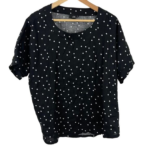 Lisa Bayne Linen Blouse Top Black Polka Dot Short Sleeve Women Size Medium - Picture 1 of 10